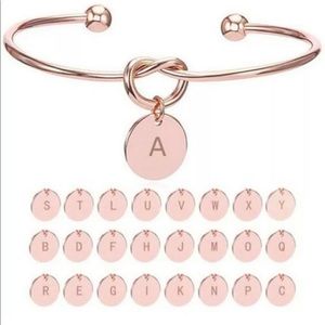 NWOT Rose Gold Initial Letter Charm Love Knot Alloy Open Bracelet Bangle Cuff T